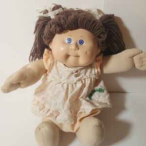 Vintage Cabbage Patch Kids Doll Brown Yarn Hair Blue Eyes Floral Dress 1989